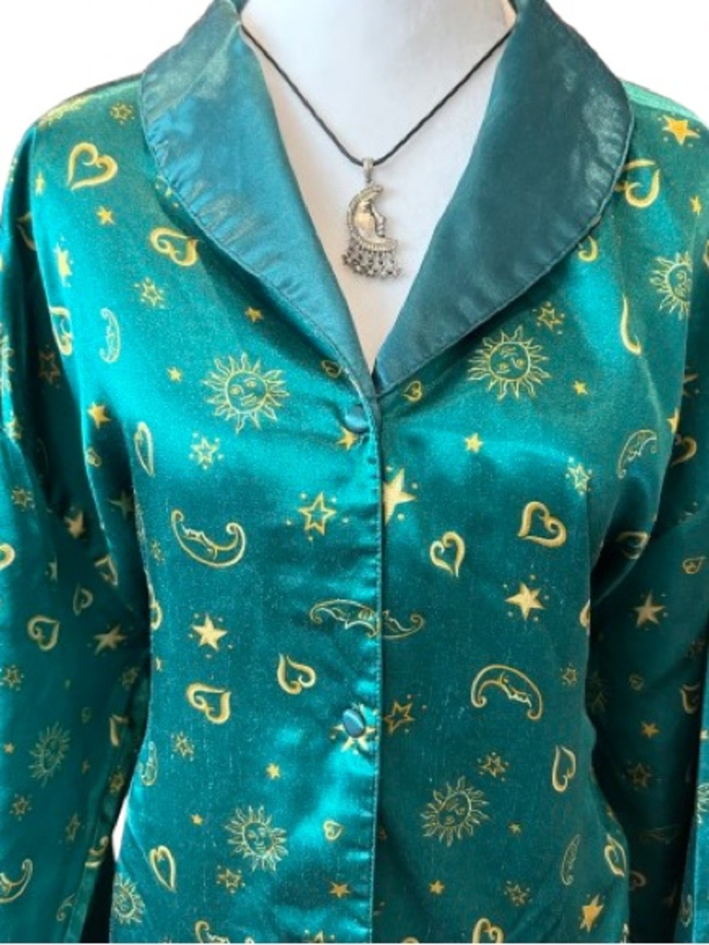 VTG 90s Emerald Green Celestial Sun & Moon Satin Duster Kimono - Whimsigoth - 1X
